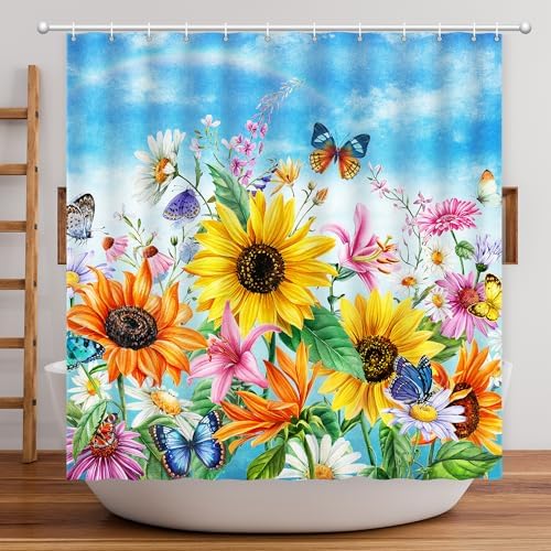 Shower Curtain Sunflowers Waterproof for Bathroom with Hooks 72x72