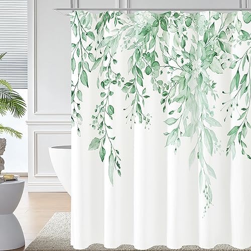 Gibelle MintGreen Eucalyptus Shower Curtain, Watercolor Floral Print, 72x78