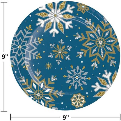 Whimsical Winter Party Supply Pack | Bundle Includes Paper Dinner Plates, Dessert Plates & Napkins for 8 People | Winter Blue Silver and Gold Snowflakes