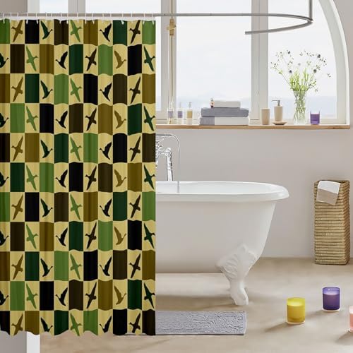 Duck Hunter Shower Curtain for Bathroom Decor Mallard Duck Bath Curtain Bathtubs Checkered Geometric Bathroom Accessories Hunting Vintage Brown Green Waterproof Polyester Fabric with 12 Hooks 72"x72"