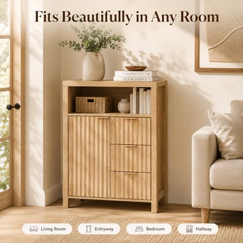 VINGLI Bathroom Storage Cabinet with 3 Drawers & Door, Slim Freestanding Floor Cabinet Organizer for Small Spaces, 30mm Thick-Look Top & Legs, Adjustable Shelf, Modern Fluted Cabinet, Natural Oak