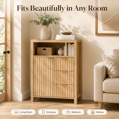 VINGLI Bathroom Storage Cabinet with 3 Drawers & Door, Slim Freestanding Floor Cabinet Organizer for Small Spaces, 30mm Thick-Look Top & Legs, Adjustable Shelf, Modern Fluted Cabinet, Natural Oak