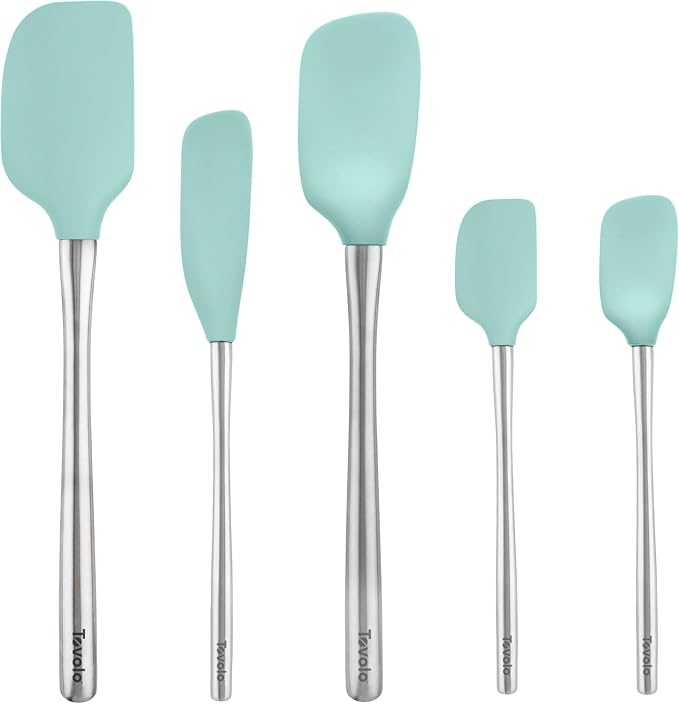 Tovolo Stainless Steel Handled Silicone Spatula Set of 5, Dishwasher Safe Kitchen Spatula Set for Cooking Baking, BPA Free Silicone Spatula set with Metal Steel Handle, Aqua Seafoam Green