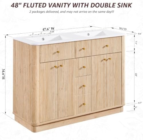 T4TREAM 48" Fluted Bathroom Vanity with Double Sink, Natural Oak
