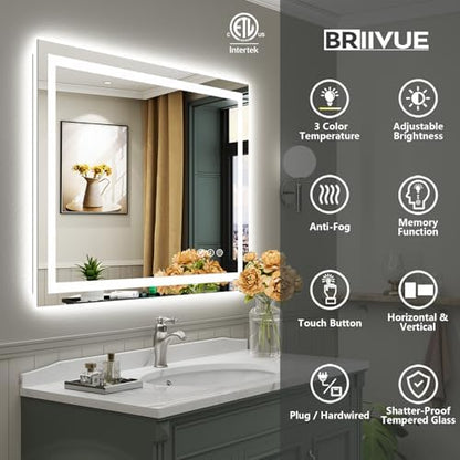 Briivue 48x40 Inch LED Bathroom Mirror with Lights, Backlit & Front Lit