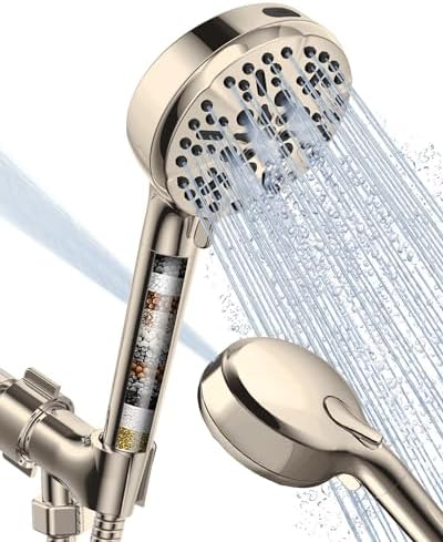 Filtered Shower Head with Handheld Brushed Nickel, BOWGER 6 Modes High Pressure Shower Heads with Power Wash Mode and Hard Water Filter, Detachable Hand Held Showerhead Set with Extra Long Hose