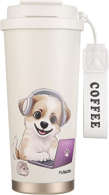 Funkrin Coffee Travel Mug with Flip Lid, 16oz Insulated Tumbler Cup with Ceramic Coating, Double Wall Vacuum Leak-Proof Tumbler for Office School Party Camping