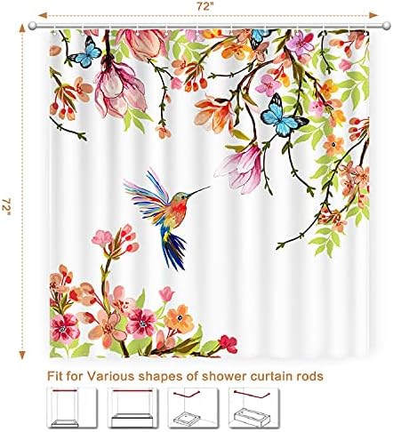 Watercolor Shower Curtain Hummingbird Floral for Bathroom 72 x 72