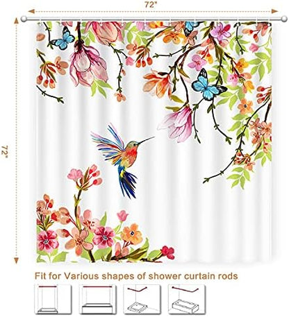 Watercolor Shower Curtain Hummingbird Floral for Bathroom 72 x 72