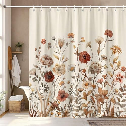 Vintage Boho Beige Floral Shower Curtain, Brown Cream Tan Rustic Farmhouse Flower Shower Curtain Set, Cute Botanical Wlidflowers Fabric Shower Curtains Decoration, 72X78 Aesthetic Bathroom Accessories
