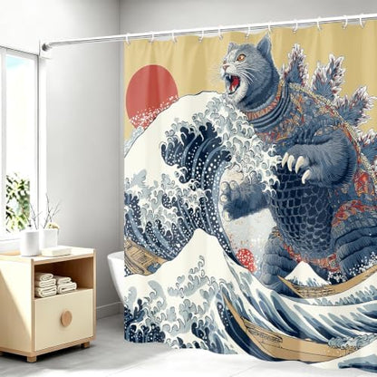 Aimego Funny Cat Shower Curtain Japanese Nautical Anime Ocean Sea Wave Cool Unique Asian Whimsical Humorous Bathroom Decor Bathtub Curtain Fabric Shower Curtain Set with 12 Hooks, 72"x72"