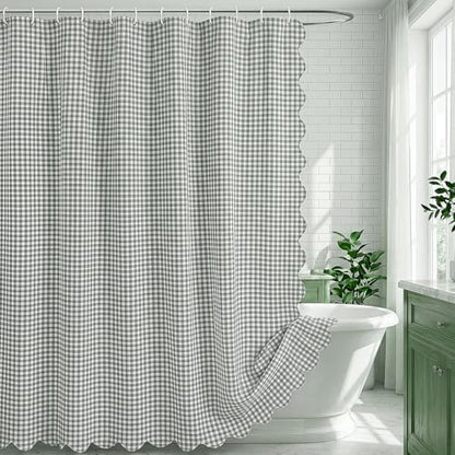 HunnmingRe Scalloped Gingham Shower Curtain Sage Green