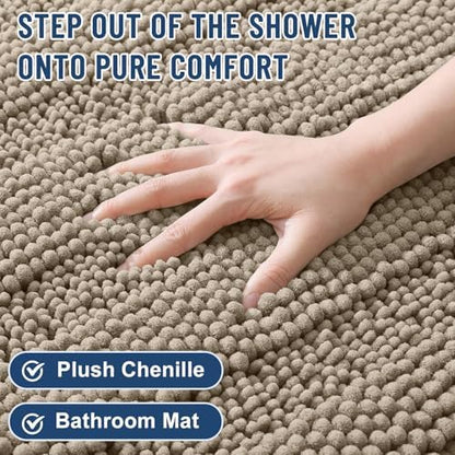 Grandaily Chenille Striped Bathroom Rugs 24x16, Extra Thick and Soft Absorbent Bath Mats, Rubber Backing, Plush Shaggy Shower Carpet, Machine Wash Dry, Bath Rug for Bathroom, Warm Taupe