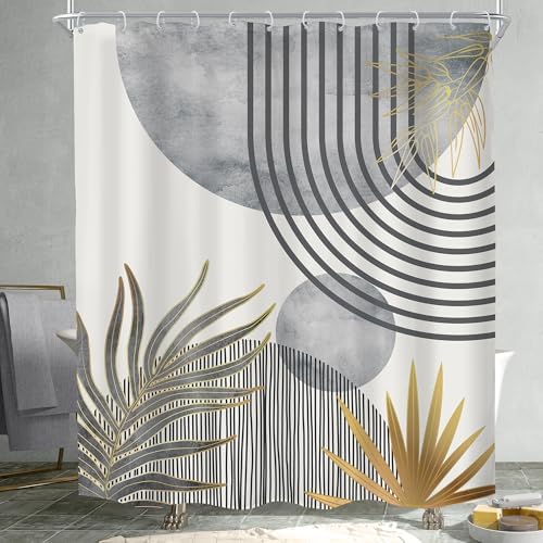 Mid Century Boho Abstract Gray Modern Gold Bathroom Shower Curtain Set