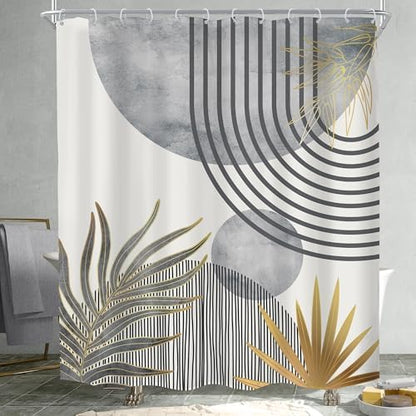 Mid Century Boho Abstract Gray Modern Gold Bathroom Shower Curtain Set