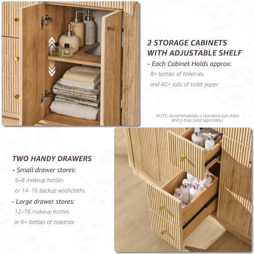T4TREAM 48" Fluted Bathroom Vanity with Double Sink, Natural Oak