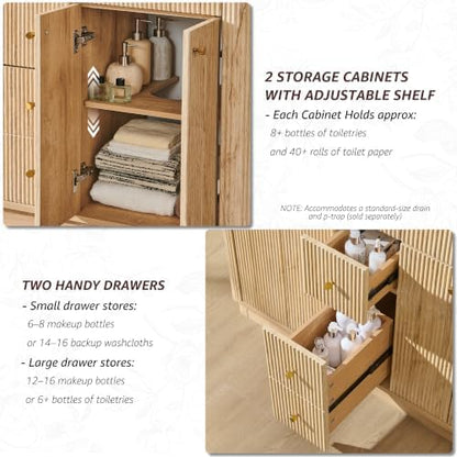 T4TREAM 48" Fluted Bathroom Vanity with Double Sink, Natural Oak