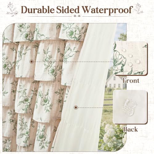 Yinhua Long Farmhouse Ruffle Shower Curtains with Green Floral, 72" Wx78 L