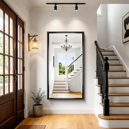 Bathroom Mirror, 30 x 55 Inch Brushed Black Rectangle Mirror, 0.6" Thickened Deep Metal Frame Mirrors for Wall Over Sink, Shatterproof Tempered Glass, Antirust, Horizontally or Vertically