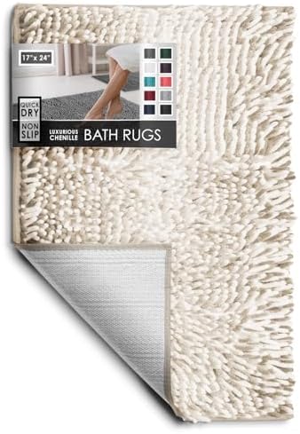 Hearth & Harbor Bathroom Rugs, Chenille Bath Mat - Machine Washable Bath Mats for Bathroom Non-Slip Backing Rubber, Quick Dry Bathroom Mat, 17 x 24 - Ombre Beige
