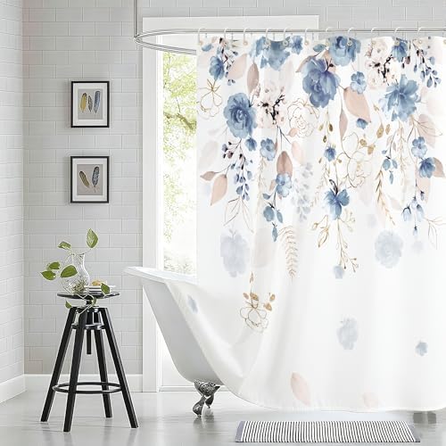 Floral Flower Shower Curtain Set with 12 Hooks,Blue,Thick 120GSM 72 x 72"