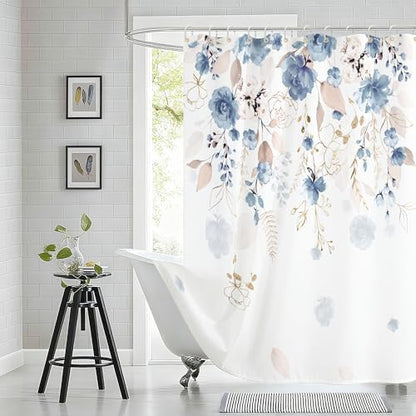 Floral Flower Shower Curtain Set with 12 Hooks,Blue,Thick 120GSM 72 x 72"