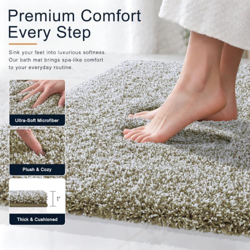 OLANLY Microfiber Bathroom Rugs 40x32, Quick Dry Mat, Moss Green and White
