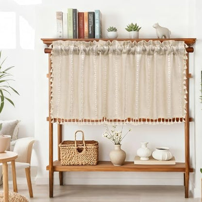Seenus Boho Farmhouse Linen Valance Curtain, 52x18 inch Soft Light Filtering & Privacy Window Valance with Tassels for Living Room Kitchen Bathroom, Rod Pocket, Beige Cream