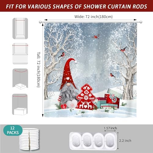 Winter Christmas Shower Curtain for Bathroom 72W*72H Inch Cute Gnome Cardinals Snowflake Snowy Bird Forest Holiday Decorations Bathtub Decor Waterproof Polyester Fabric Set