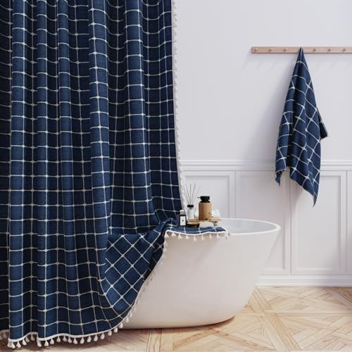 BTTN Stall Boho Farmhouse Linen Heavy Duty Shower Curtain, 36x72, Navy Blue