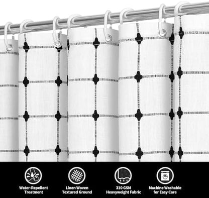 Boho Farmhouse Classic Plaid Linen Tassel Shower Curtain White Black,72x72