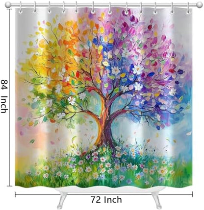 Watercolor Oil Painting Tree Shower Curtains, Colored Seasons Trees Floral Fabric Shower Curtain Set Colorful Abstract Aesthetic Bath Curtain for Bathroom Decor Waterproof Cloth with Hooks 72X84 Inch