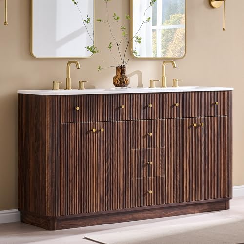T4TREAM 60" Fluted Bathroom Vanity with Double Sink, Dark Walnut