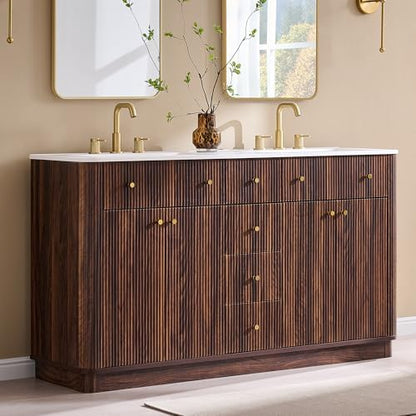 T4TREAM 60" Fluted Bathroom Vanity with Double Sink, Dark Walnut