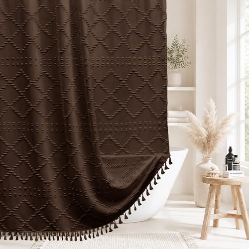 Boho Brown Shower Curtain Woven Fabric Shower Curtain 72 x 72 Tufted Chevron Striped Shabby Chic Textured, Modern Farmhouse Minimalist, Water Resistant Curtain Set for Bathroom, Hotel Decor