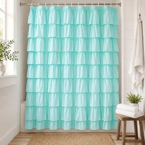 Teal Ruffle Shower Curtain for Bathroom, 72 x 72 Inch, 1 Panel