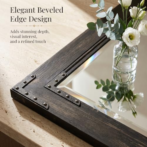 Rustic Black 30x40 Inch Wood Bathroom Vanity Mirror, Rivets