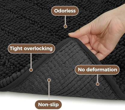 Bcoimo Bath Rug Mat Set, 2 Piece High Absorbent Chenille Bathroom Mat Black