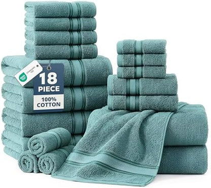 LANE LINEN Bath Towel Set Absorbent Quick Dry 100% Cotton 18 Piece - Teal