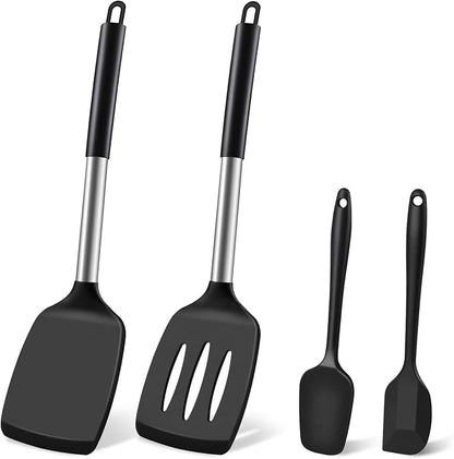Silicone Spatula Set, Heat Resistant Solid & Slotted Turner for Non-Stick Pans, BPA-Free Silicone Cooking Utensils, Flexible Spatula for Flipping Eggs, Burgers, Pancakes, Fish, Black, 4 PCS-A