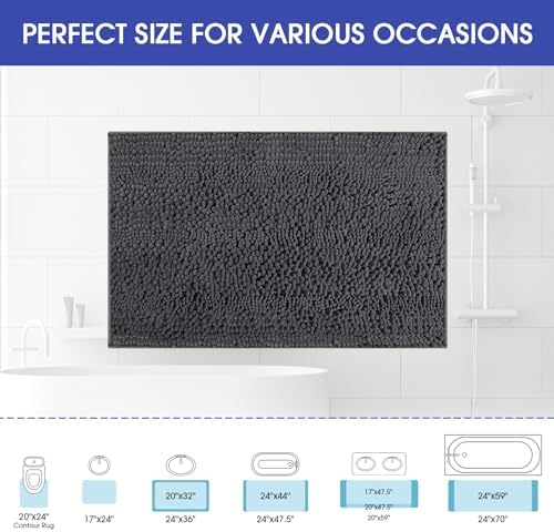 ACCUMTEK Striped Grey Bathroom Rug Mat 59"x24" Ultra Soft, Non Slip Chenille Bath Rugs, Absorbent Plush Shaggy Bath Mats for Bathroom, Bedroom, Kitchen, Shower, Tub,Dark Gray, Charcoal