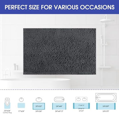 ACCUMTEK Striped Grey Bathroom Rug Mat 59"x24" Ultra Soft, Non Slip Chenille Bath Rugs, Absorbent Plush Shaggy Bath Mats for Bathroom, Bedroom, Kitchen, Shower, Tub,Dark Gray, Charcoal