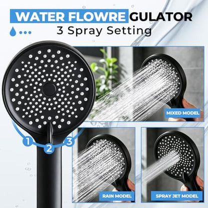 Shower Head, 8 inch Multifunction High Pressure Rain Shower Head with Handheld Spray Combo with 11'' Angle Adjustable Extension Arm/Flow Regulator/Shower System Matte Black