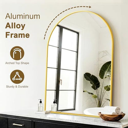 FGU Arched Bathroom Mirror for Over Sink 40"x28" Gold Vanity Mirror