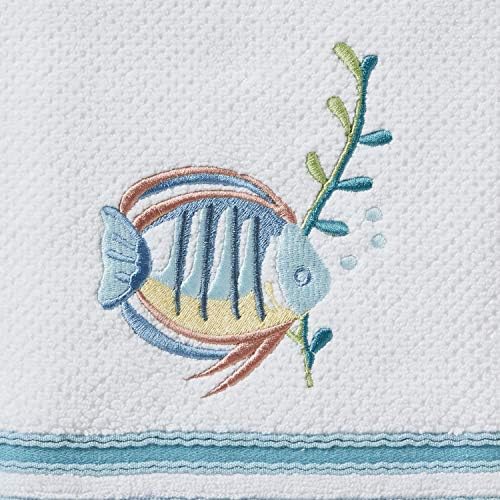 SKL Home Ocean Watercolor Bath Towel, Coastal Embroidery, White
