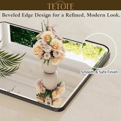 TETOTE Black Framed Vanity Mirror 24 x 32 Beveled Edge Tempered Glass, Rounded Corner Rectangle Bathroom Mirror for Over Sink for Modern Bathroom, Living Room, Bedroom, Entryway