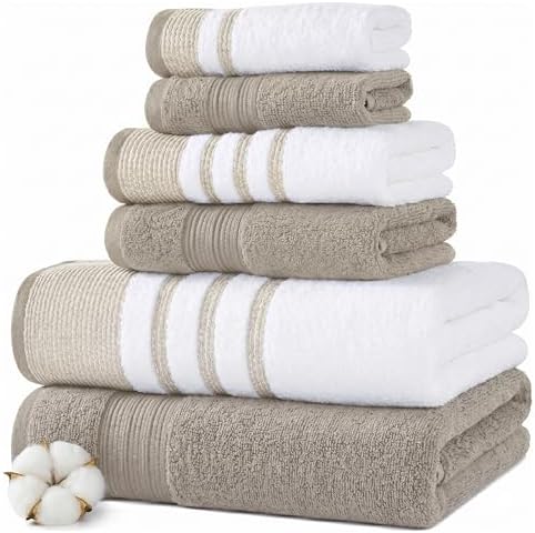 Modern Threads 6 Piece Bath Towel Set – Bathroom Towel Set with 2 Bath Towels, 2 Hand Towels & 2 Washcloths – 100% Cotton, Soft & Absorbent – Classic Border Stripe (Brown)