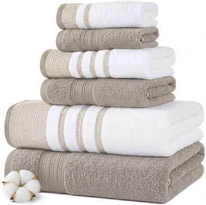 Modern Threads 6 Piece Bath Towel Set – Bathroom Towel Set with 2 Bath Towels, 2 Hand Towels & 2 Washcloths – 100% Cotton, Soft & Absorbent – Classic Border Stripe (Brown)