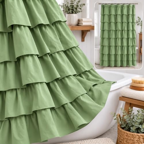 Sage Green Ruffle Shower Curtain for Bathroom, 72x72 inch, 1 Panel