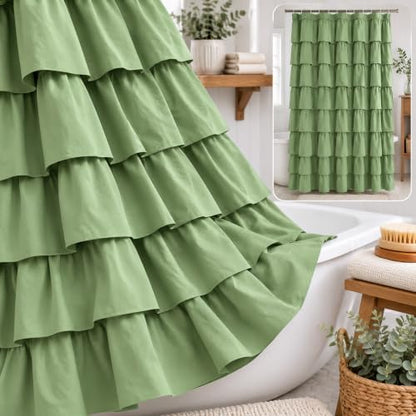 Sage Green Ruffle Shower Curtain for Bathroom, 72x72 inch, 1 Panel